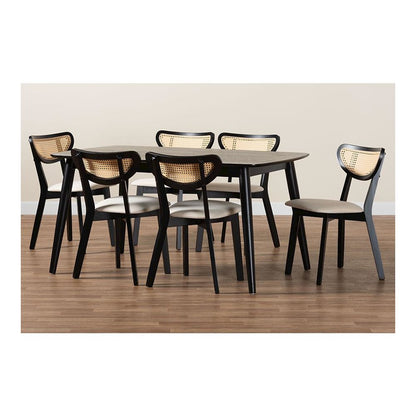 Cream Fabric and Black Finished Wood 7-Piece Dining Set