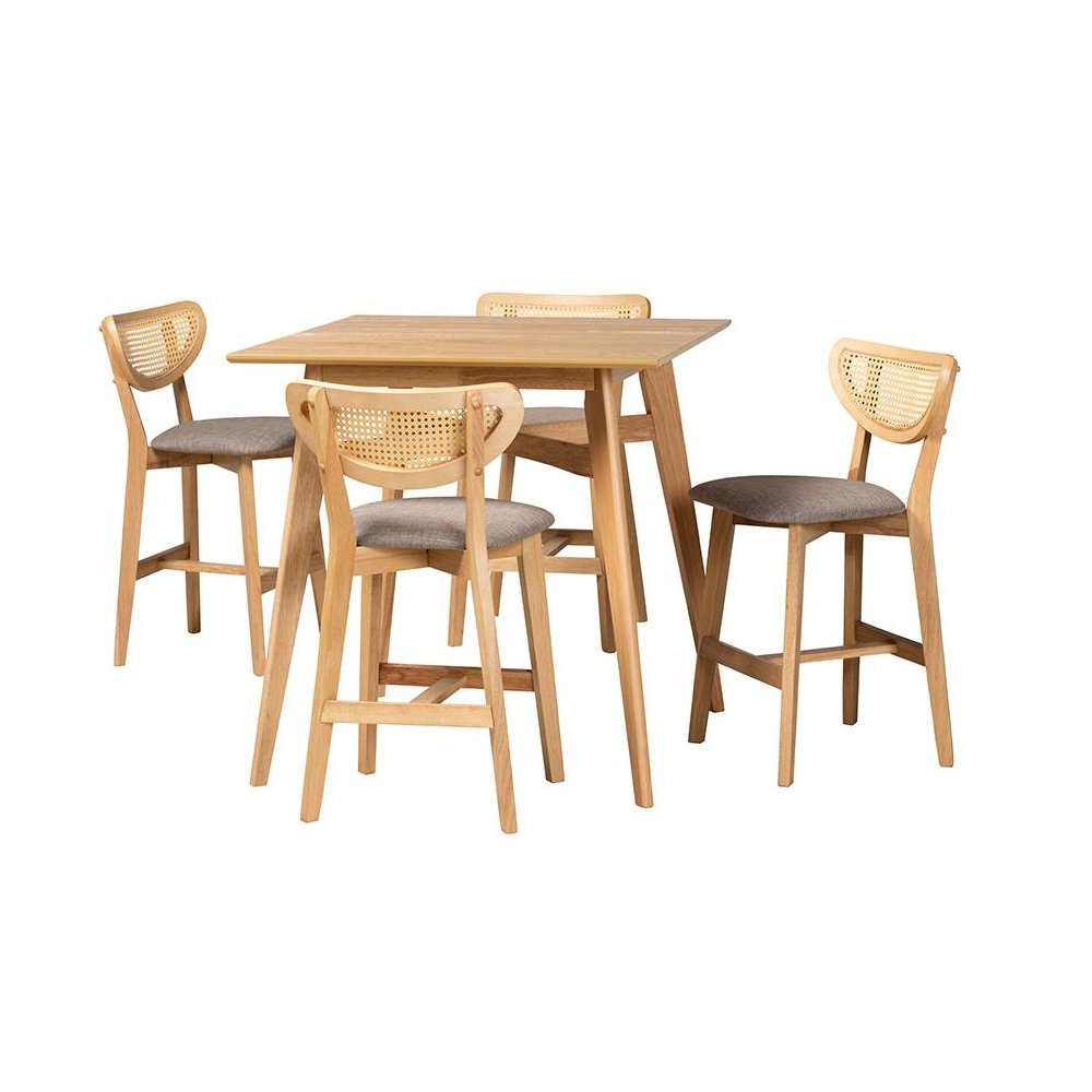 Grey Fabric and Natural Oak Finished Wood 5-Piece Pub Set