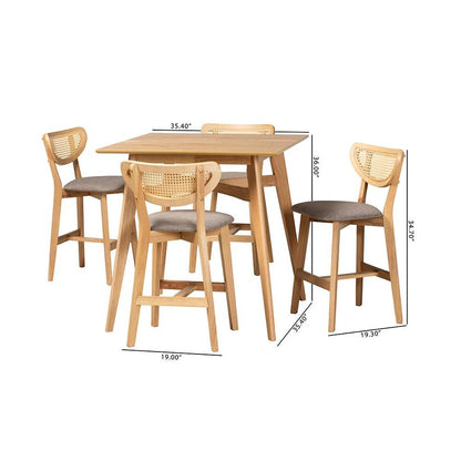 Grey Fabric and Natural Oak Finished Wood 5-Piece Pub Set