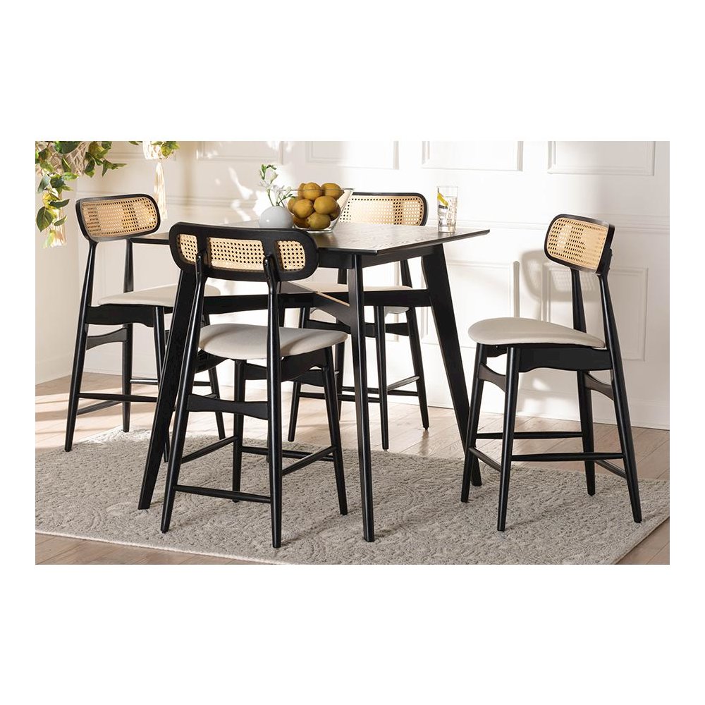 Tarana Mid-Century Modern Cream Fabric and Black Finished Wood 5-Piece Pub Set