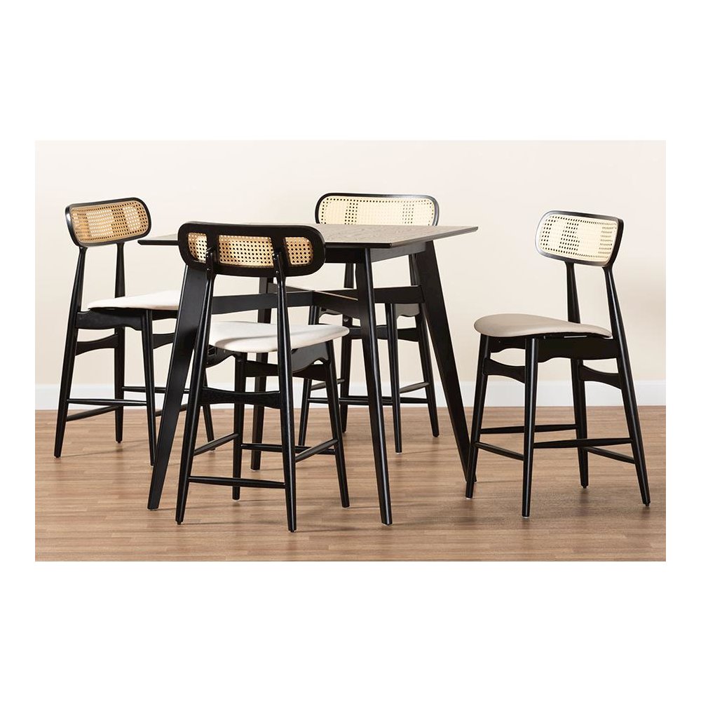 Tarana Mid-Century Modern Cream Fabric and Black Finished Wood 5-Piece Pub Set