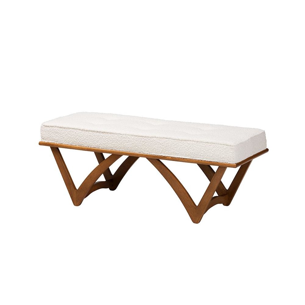 Chenoa Japandi Cream Boucle Fabric and Walnut Brown Finished Wood Bench