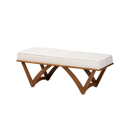 Chenoa Japandi Cream Boucle Fabric and Walnut Brown Finished Wood Bench