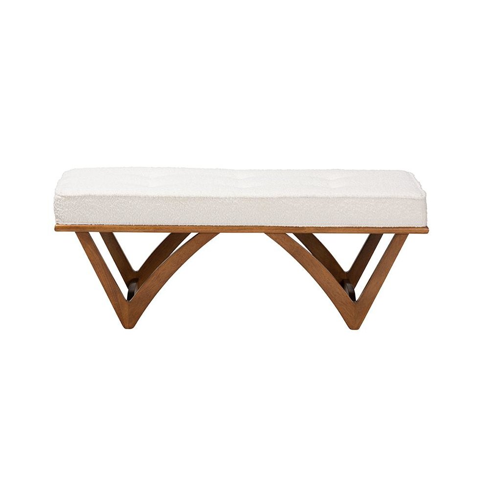 Chenoa Japandi Cream Boucle Fabric and Walnut Brown Finished Wood Bench