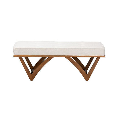 Chenoa Japandi Cream Boucle Fabric and Walnut Brown Finished Wood Bench