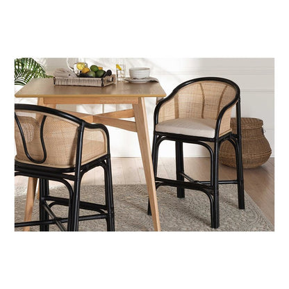 Bohemian Two-Tone Black and Natural Brown Rattan Counter Stool