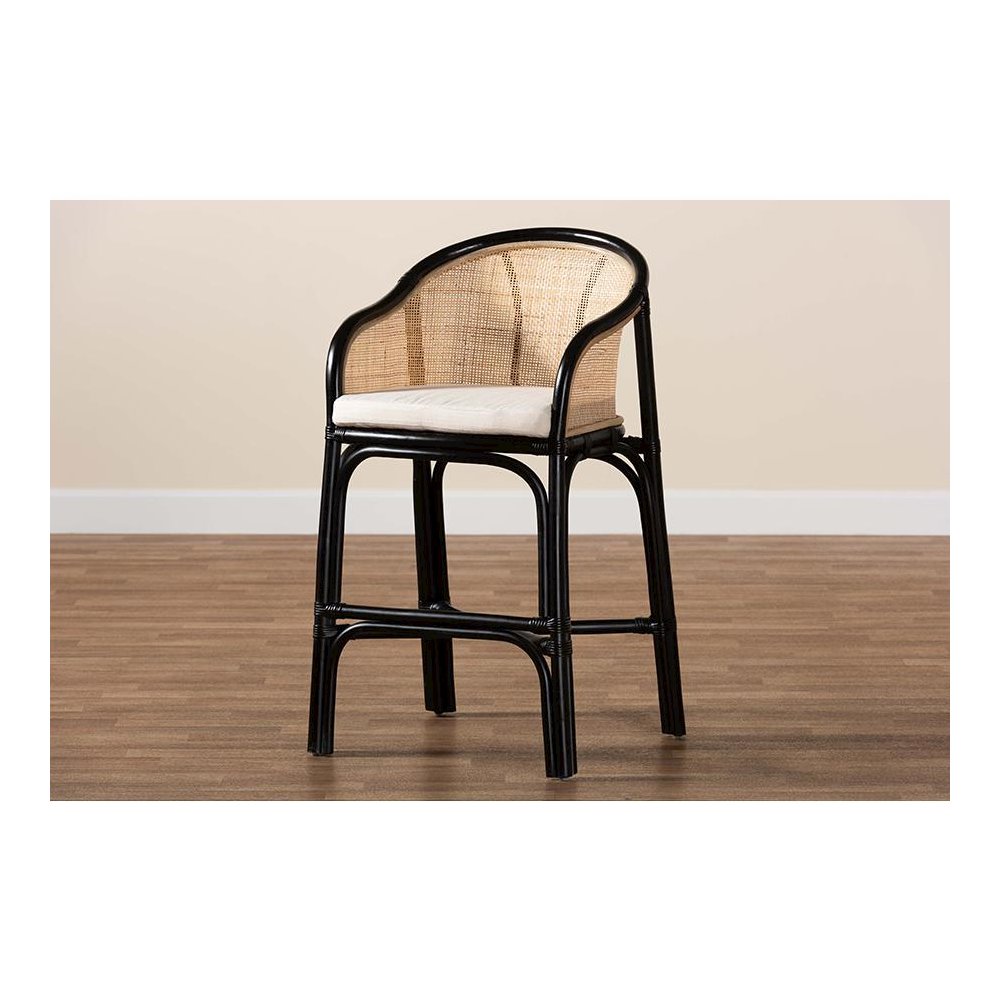 Bohemian Two-Tone Black and Natural Brown Rattan Counter Stool