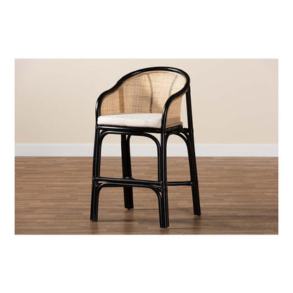 Bohemian Two-Tone Black and Natural Brown Rattan Counter Stool