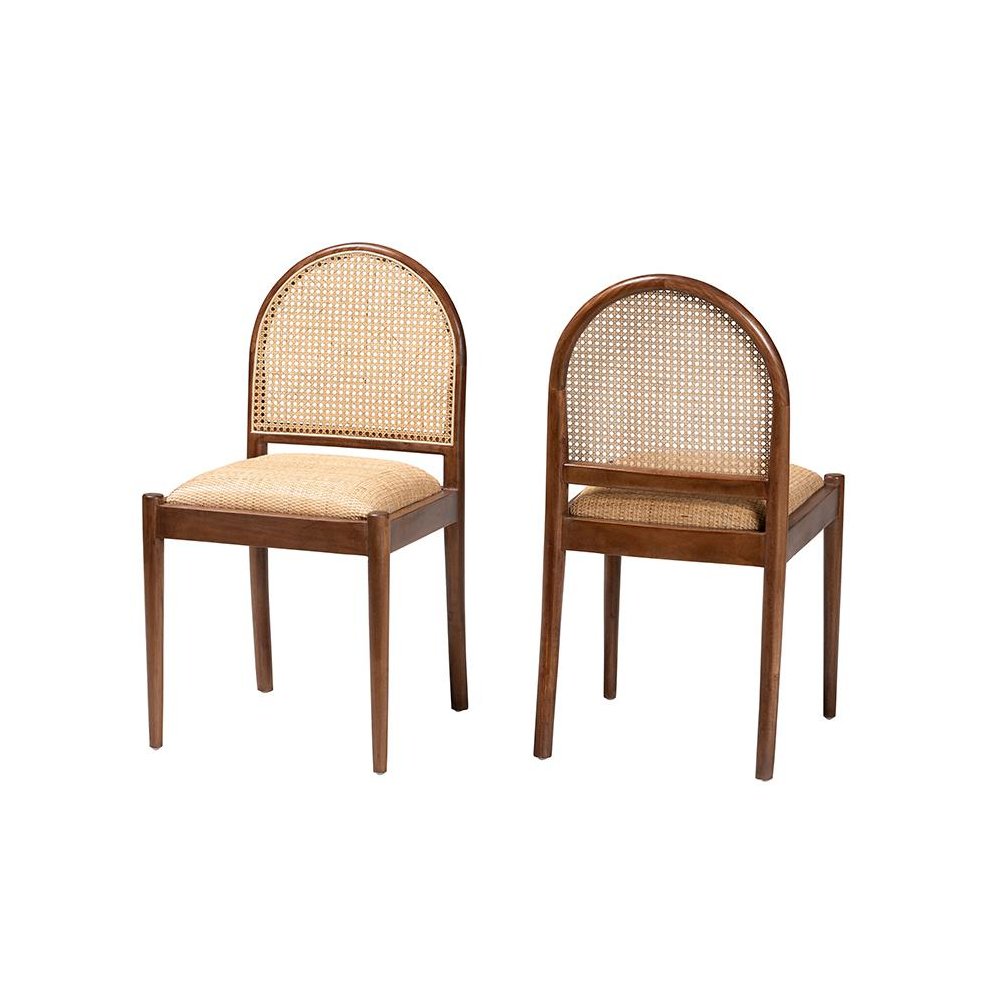 Natural Rattan and Acacia Wood 2-Piece Dining Chair Set
