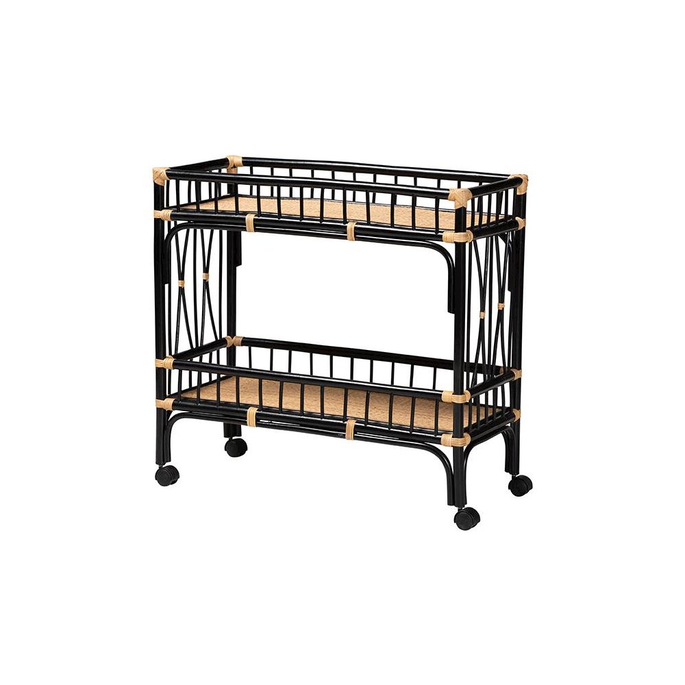 Bohemian Two-Tone Black and Natural Brown Rattan 2-Tier Kitchen Cart