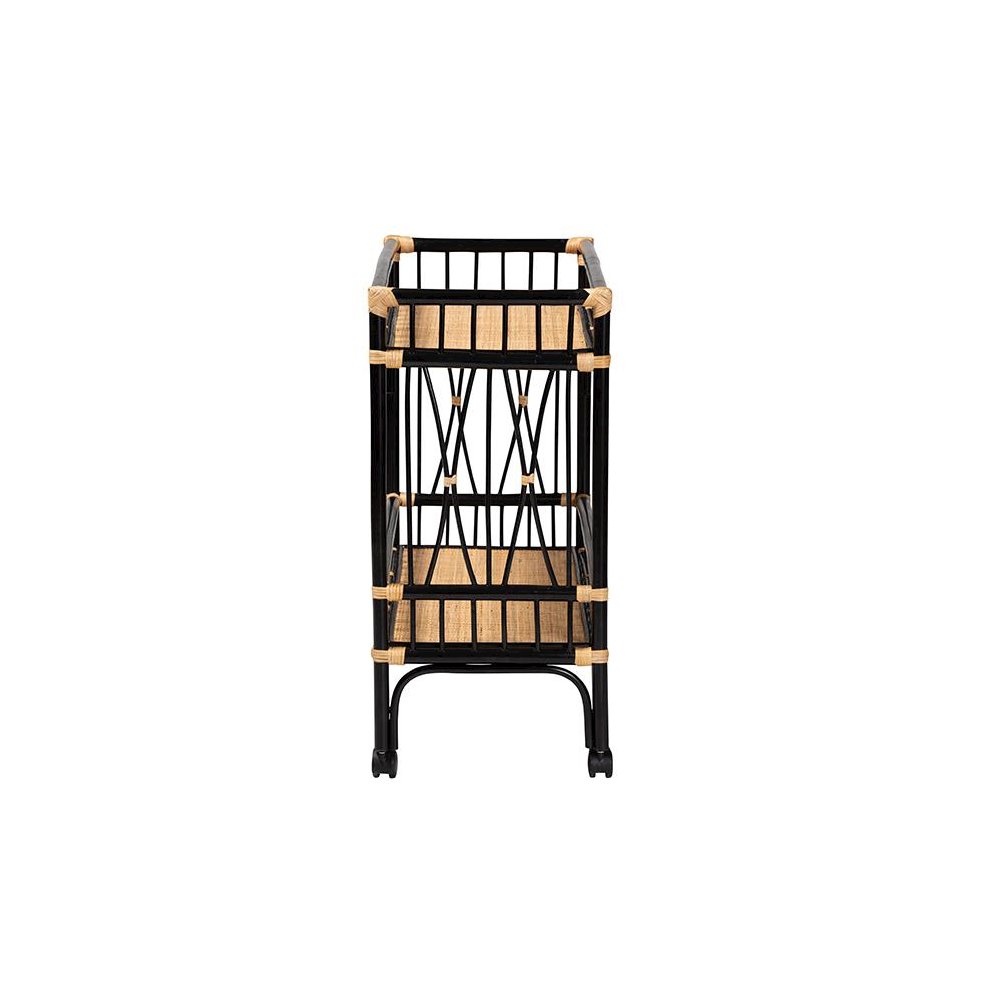 Bohemian Two-Tone Black and Natural Brown Rattan 2-Tier Kitchen Cart
