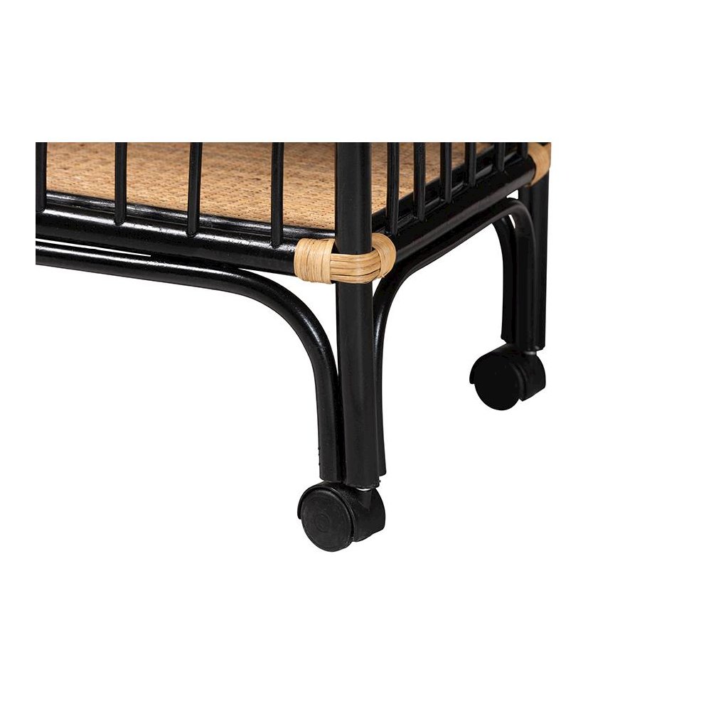 Bohemian Two-Tone Black and Natural Brown Rattan 2-Tier Kitchen Cart