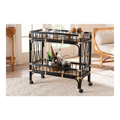 Bohemian Two-Tone Black and Natural Brown Rattan 2-Tier Kitchen Cart