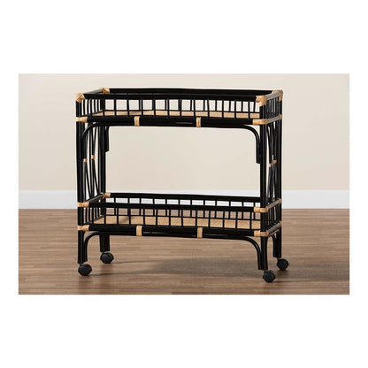 Bohemian Two-Tone Black and Natural Brown Rattan 2-Tier Kitchen Cart