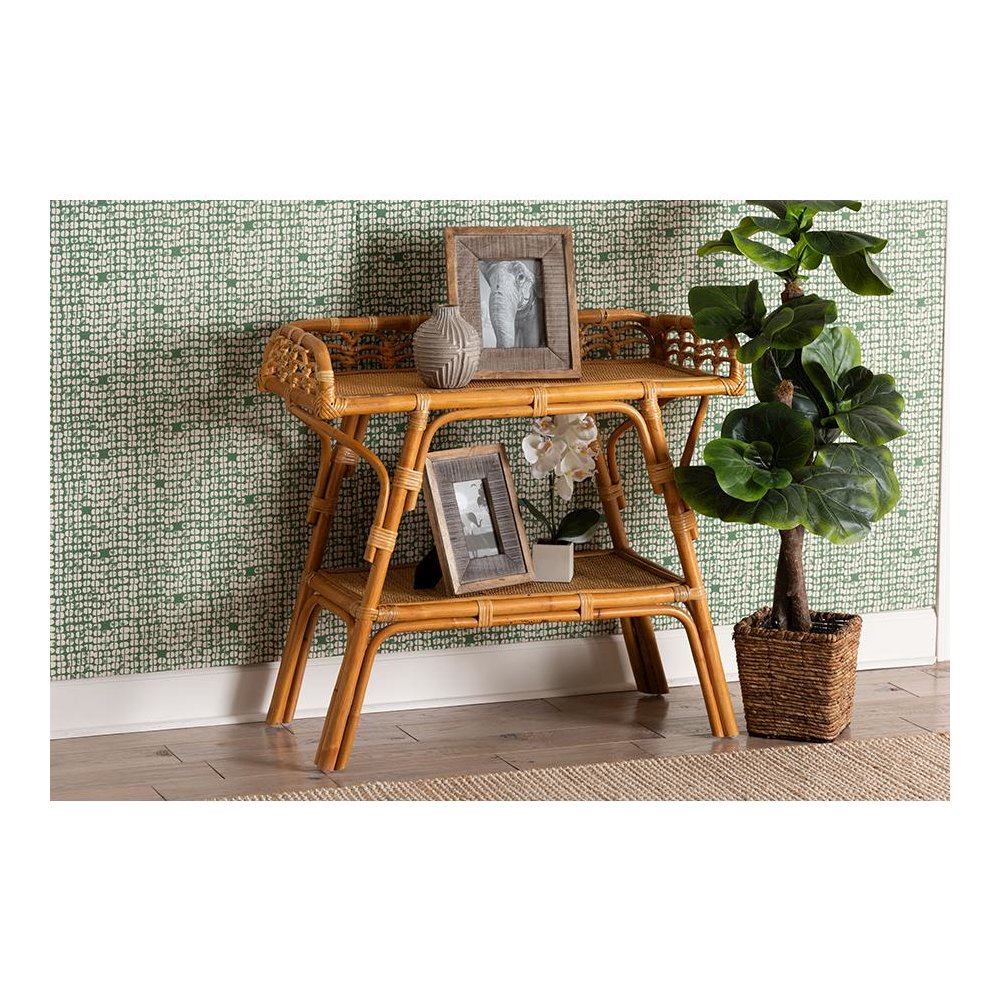 Nayana Modern Bohemian Natural Rattan 2-Tier Console Table