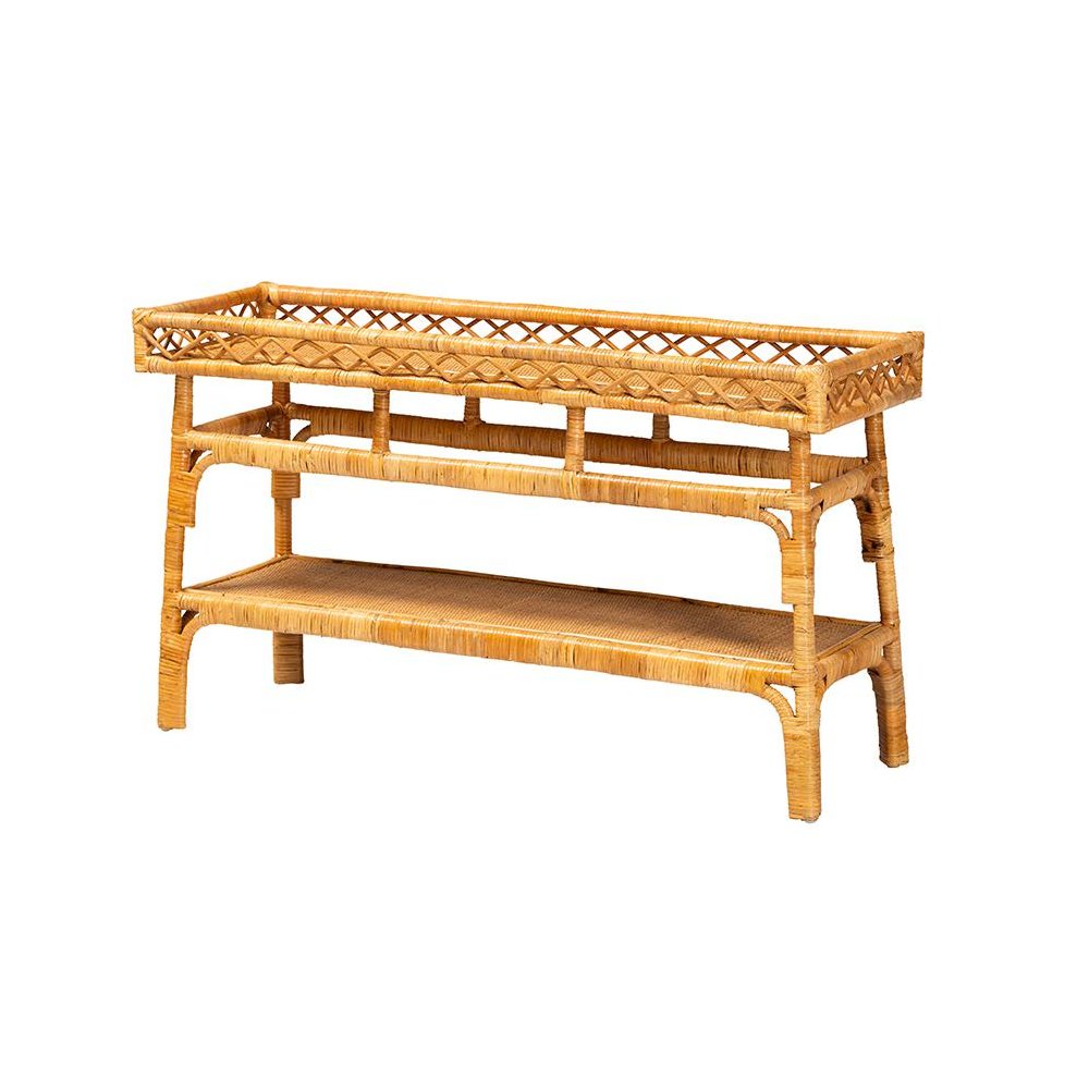 Savitri Modern Bohemian Natural Rattan 2-Tier Console Table