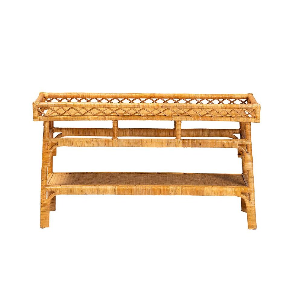 Savitri Modern Bohemian Natural Rattan 2-Tier Console Table