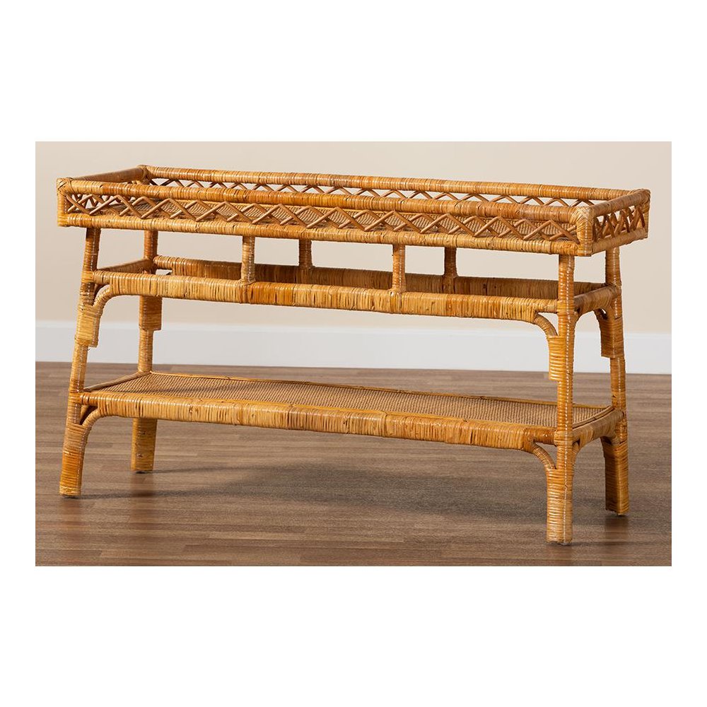 Savitri Modern Bohemian Natural Rattan 2-Tier Console Table