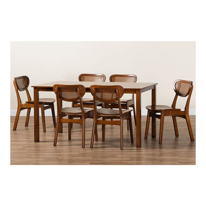 Walnut Brown Finished Wood and Woven Rattan 7-Piece Dining Set