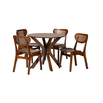 Walnut Brown Finished Wood and Woven Rattan 5-Piece Dining Set