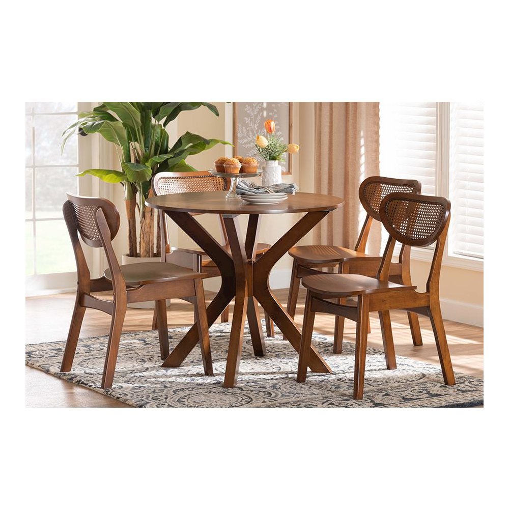 Walnut Brown Finished Wood and Woven Rattan 5-Piece Dining Set