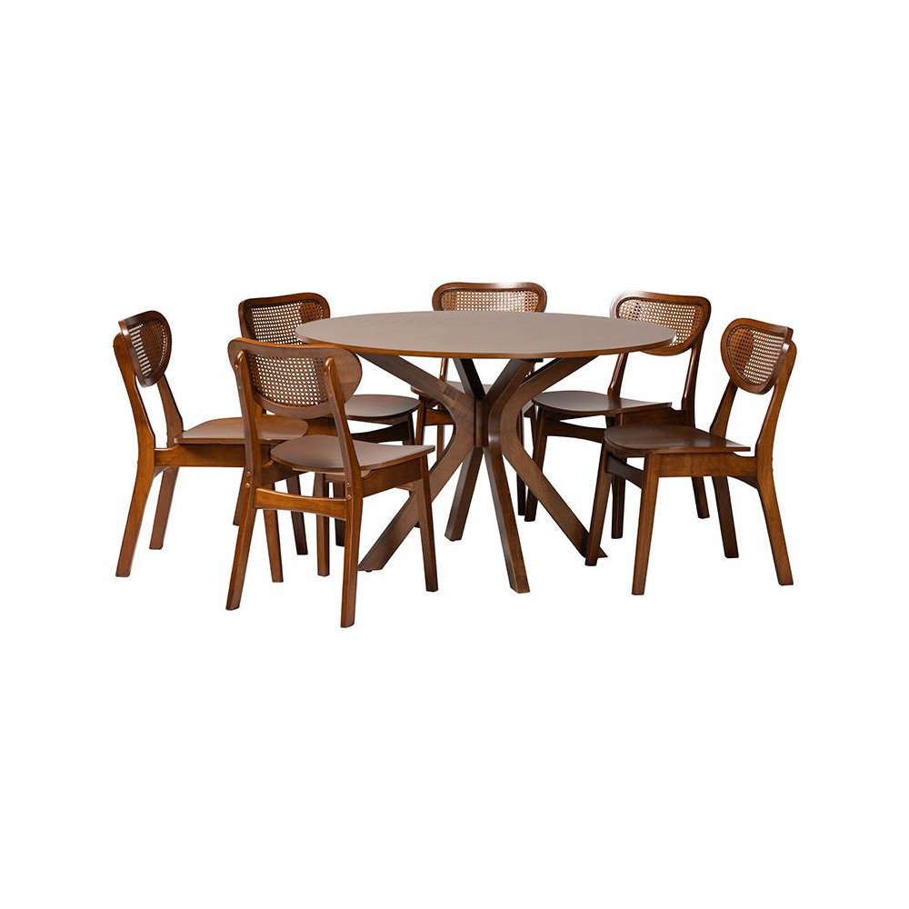 Walnut Brown Finished Wood and Woven Rattan 7-Piece Dining Set