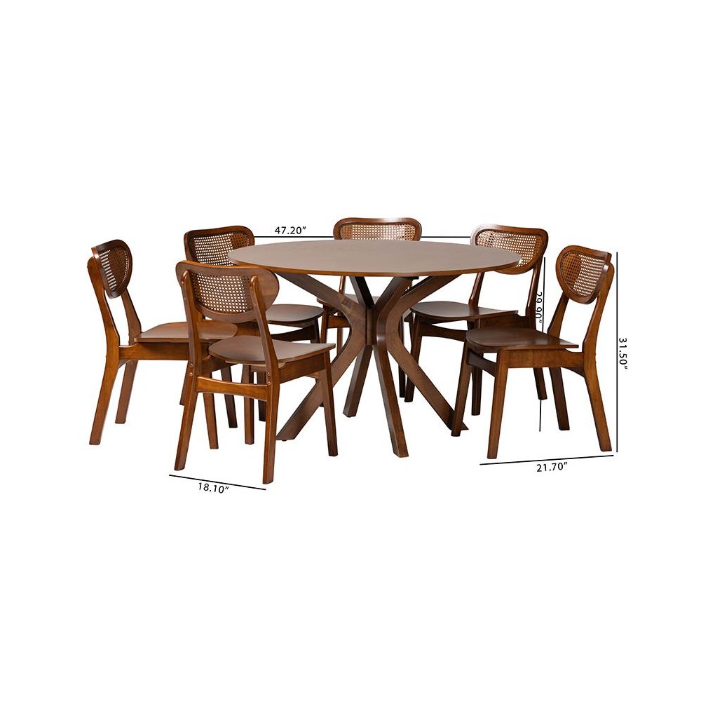 Walnut Brown Finished Wood and Woven Rattan 7-Piece Dining Set