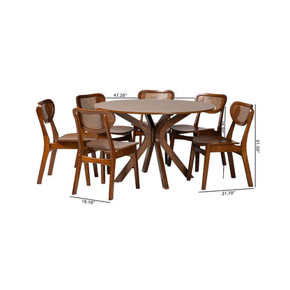Walnut Brown Finished Wood and Woven Rattan 7-Piece Dining Set