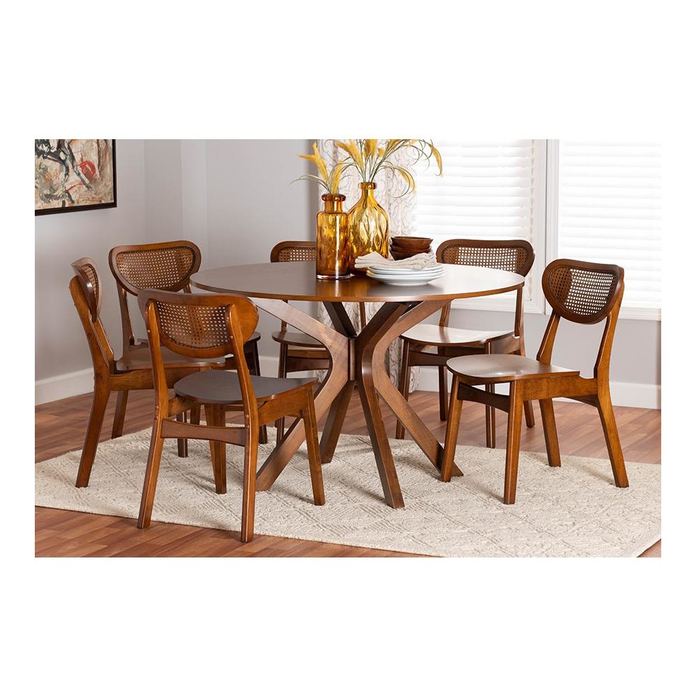 Walnut Brown Finished Wood and Woven Rattan 7-Piece Dining Set
