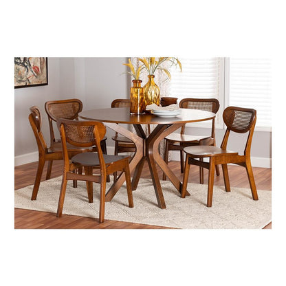Walnut Brown Finished Wood and Woven Rattan 7-Piece Dining Set