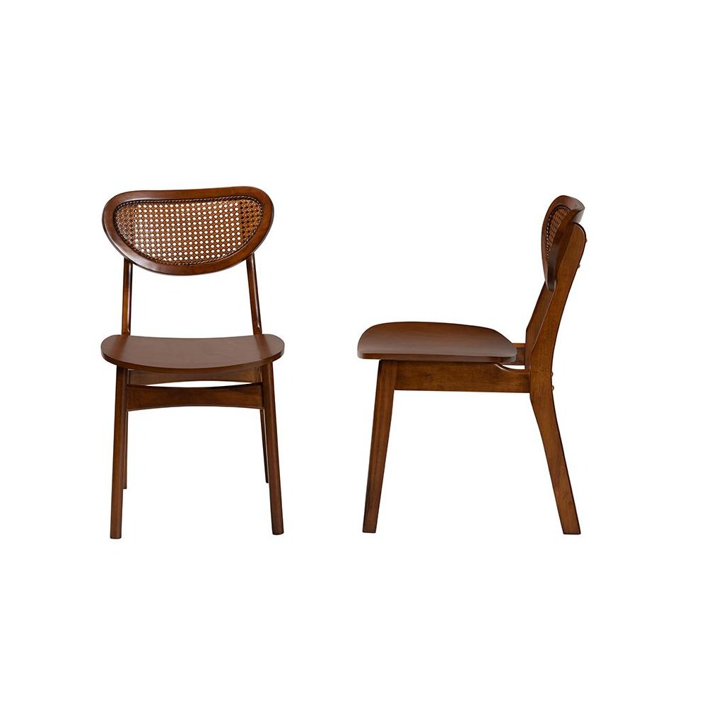 Walnut Brown Finished Wood and Rattan 2-Piece Dining Chair Set