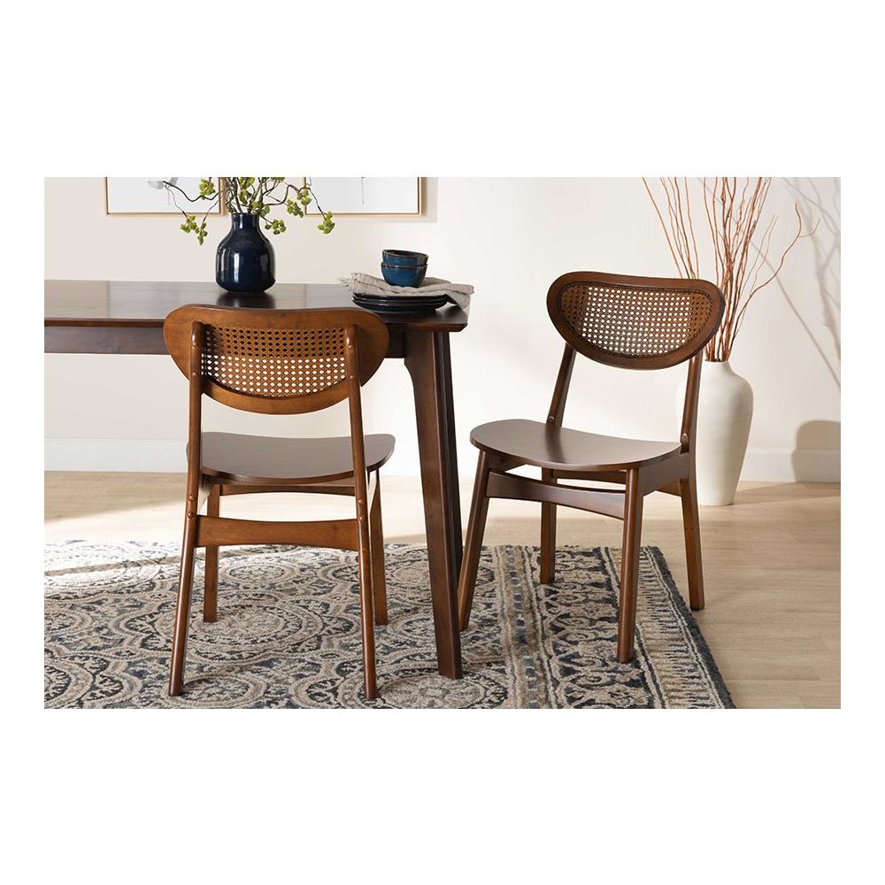 Walnut Brown Finished Wood and Rattan 2-Piece Dining Chair Set
