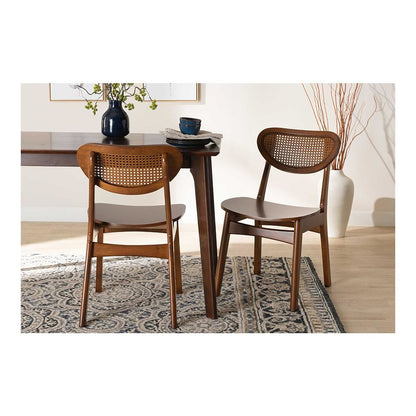 Walnut Brown Finished Wood and Rattan 2-Piece Dining Chair Set