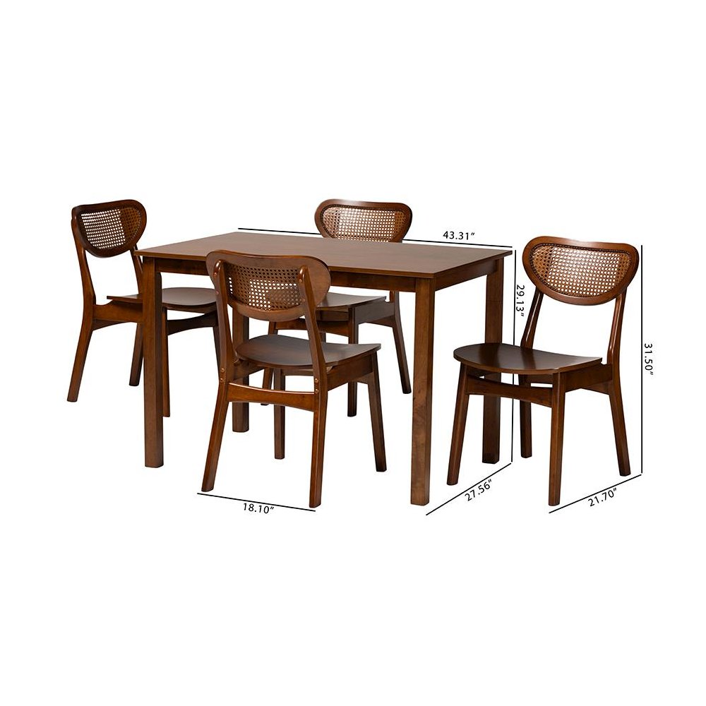 Walnut Brown Finished Wood and Woven Rattan 5-Piece Dining Set
