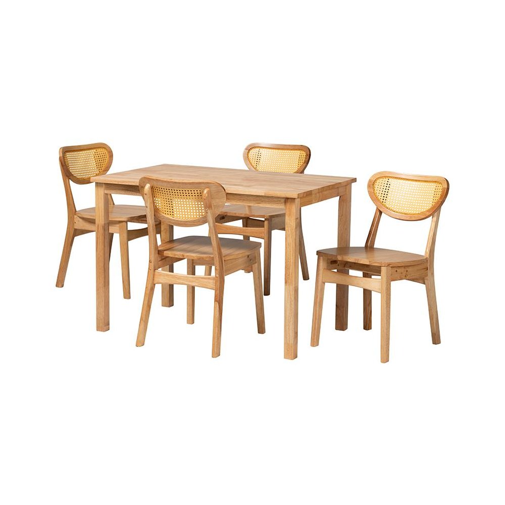 Oak Brown Finished Wood and Rattan 5-Piece Dining Set