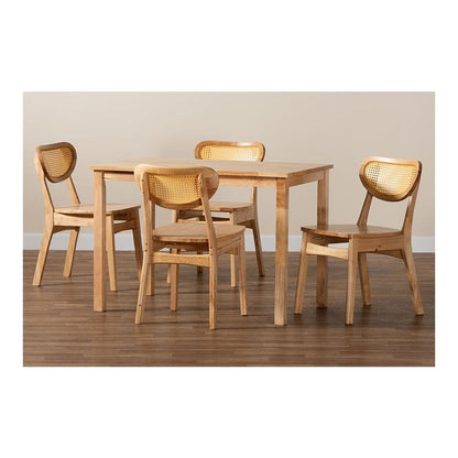 Oak Brown Finished Wood and Rattan 5-Piece Dining Set