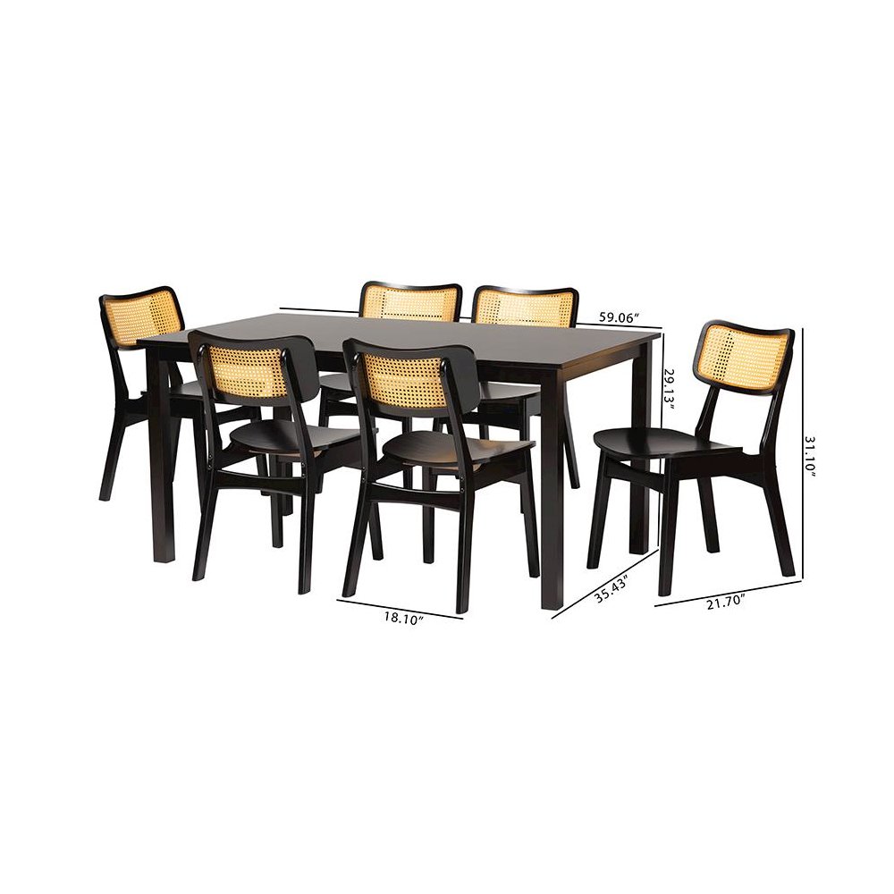 Estera Mid-Century Modern Dark Brown Finished Wood and Rattan 7-Piece Dining Set