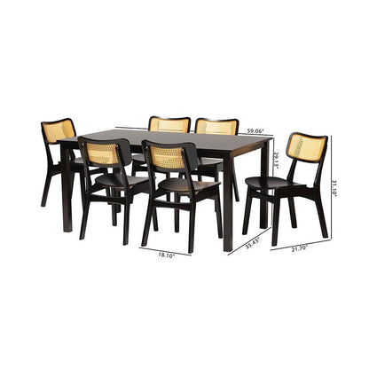 Estera Mid-Century Modern Dark Brown Finished Wood and Rattan 7-Piece Dining Set
