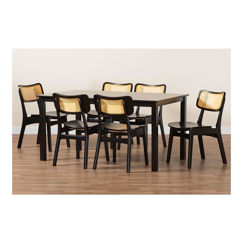 Estera Mid-Century Modern Dark Brown Finished Wood and Rattan 7-Piece Dining Set