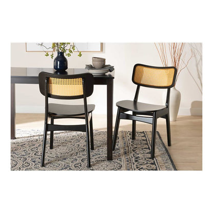 Dark Brown Finished Wood and Rattan 2-Piece Dining Chair Set
