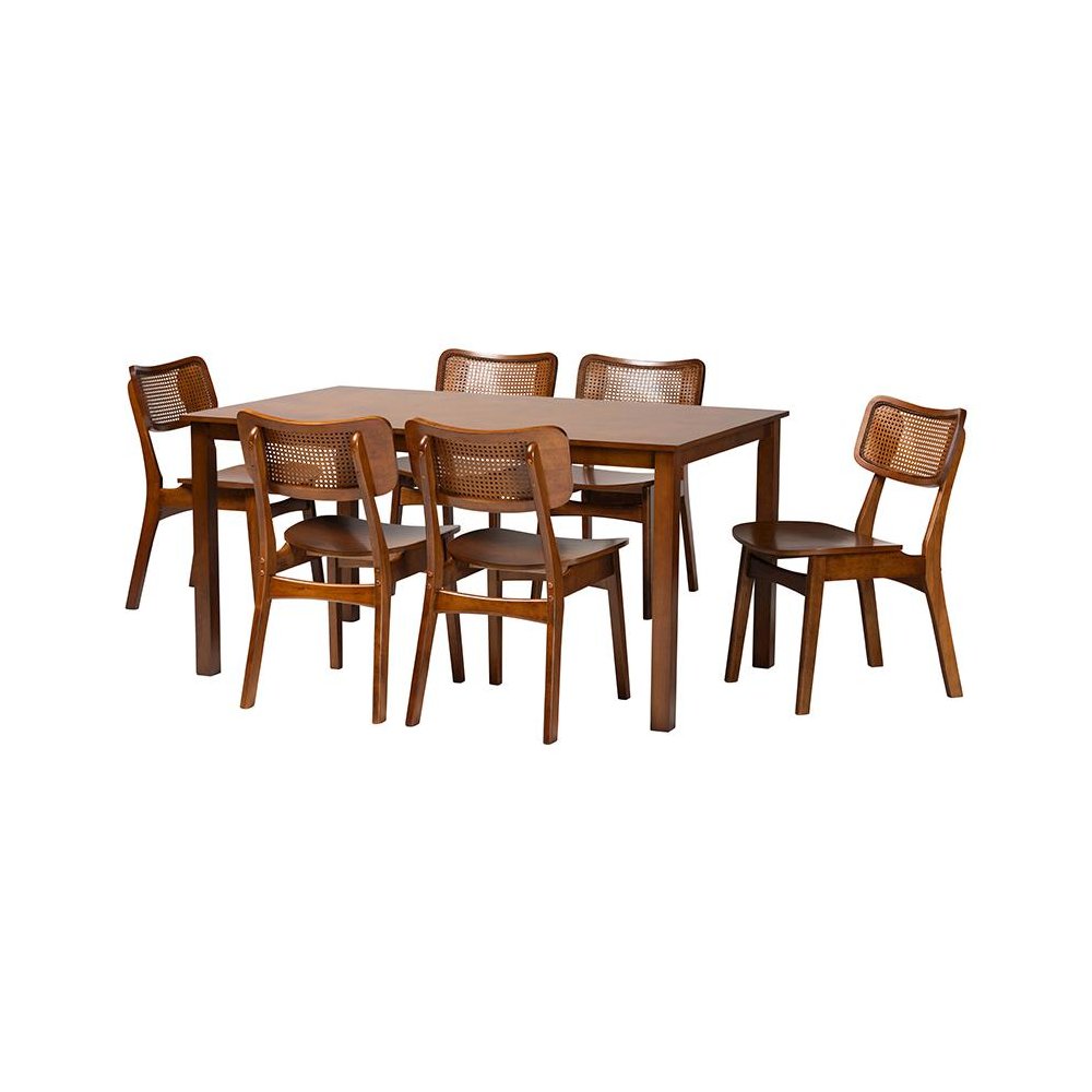 Walnut Brown Finished Wood and Rattan 7-Piece Dining Set