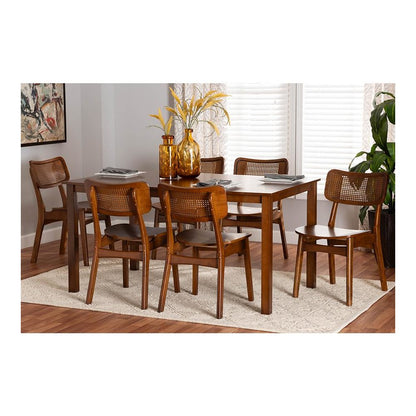 Walnut Brown Finished Wood and Rattan 7-Piece Dining Set