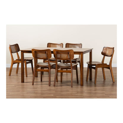 Walnut Brown Finished Wood and Rattan 7-Piece Dining Set