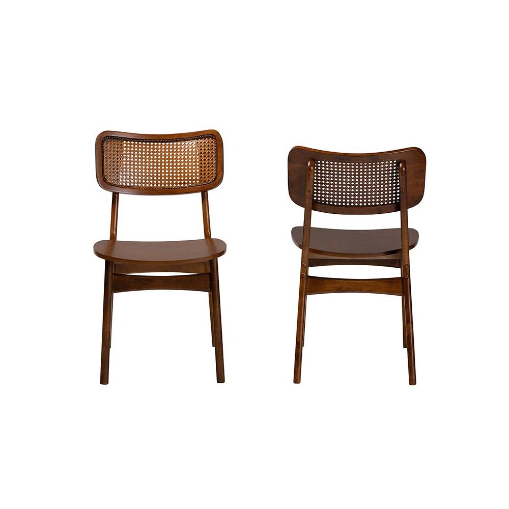 Walnut Brown Finished Wood and Rattan 2-Piece Dining Chair Set