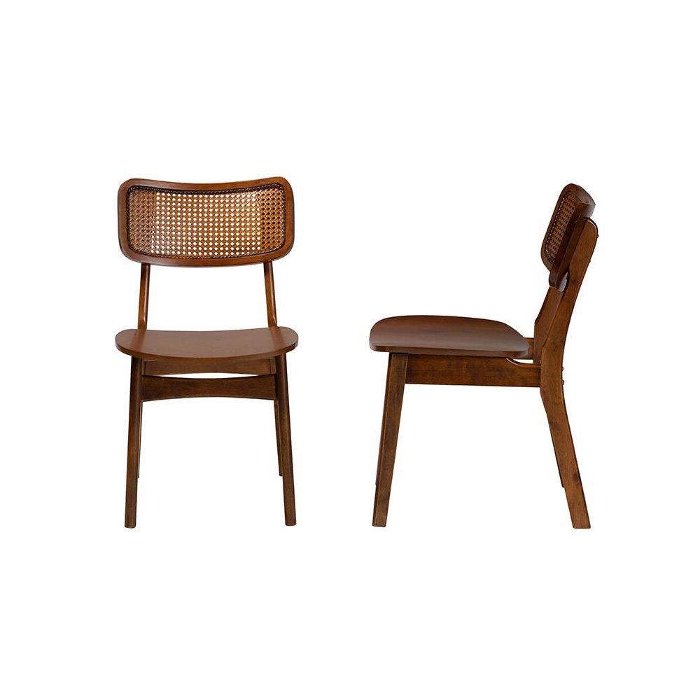 Walnut Brown Finished Wood and Rattan 2-Piece Dining Chair Set