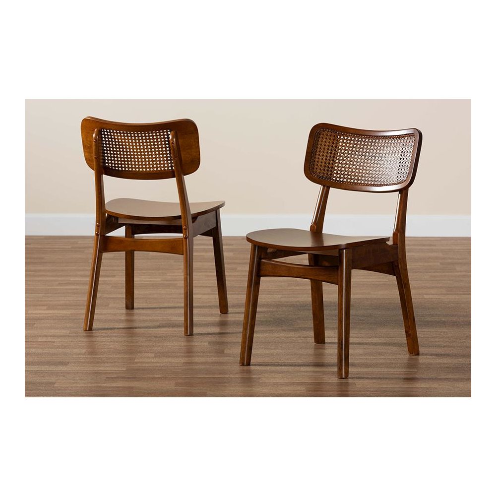 Walnut Brown Finished Wood and Rattan 2-Piece Dining Chair Set