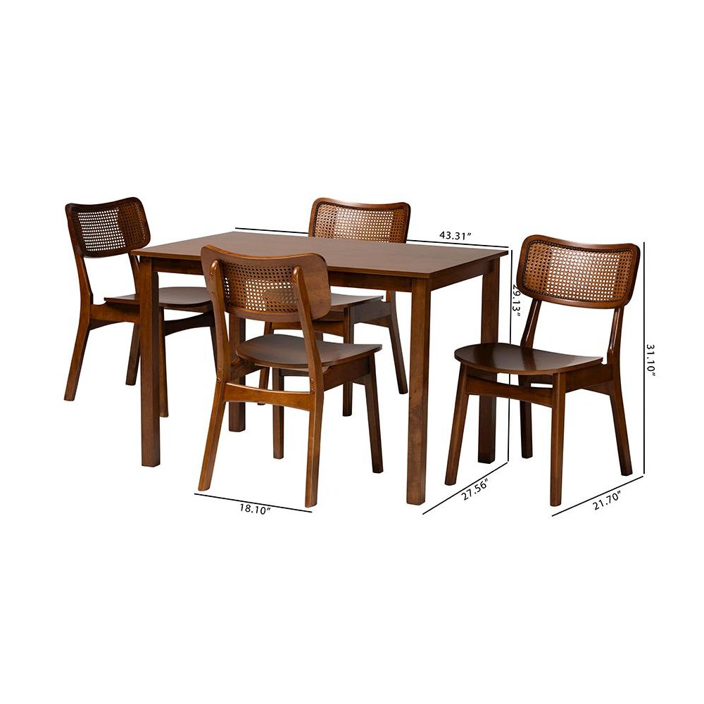Walnut Brown Finished Wood and Rattan 5-Piece Dining Set