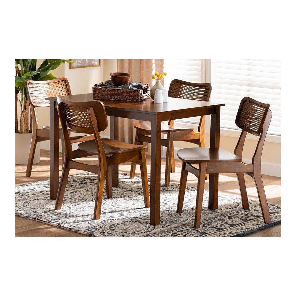 Walnut Brown Finished Wood and Rattan 5-Piece Dining Set