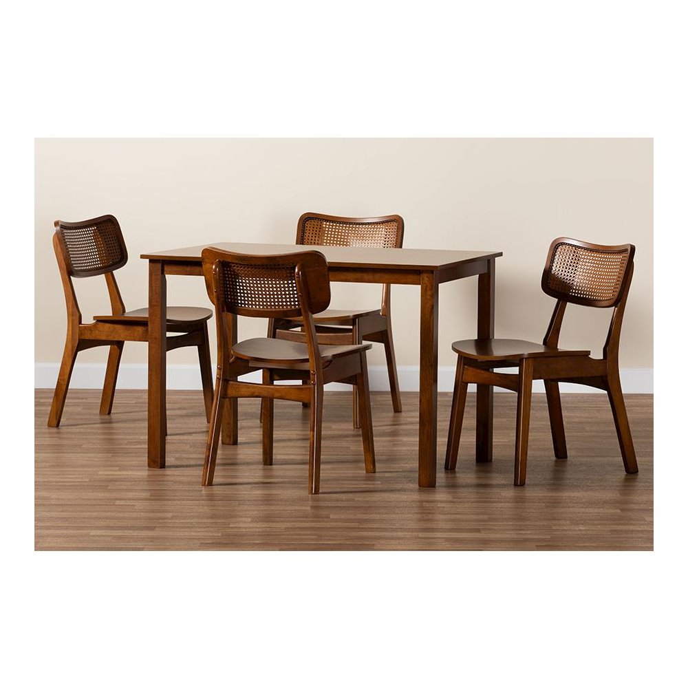 Walnut Brown Finished Wood and Rattan 5-Piece Dining Set