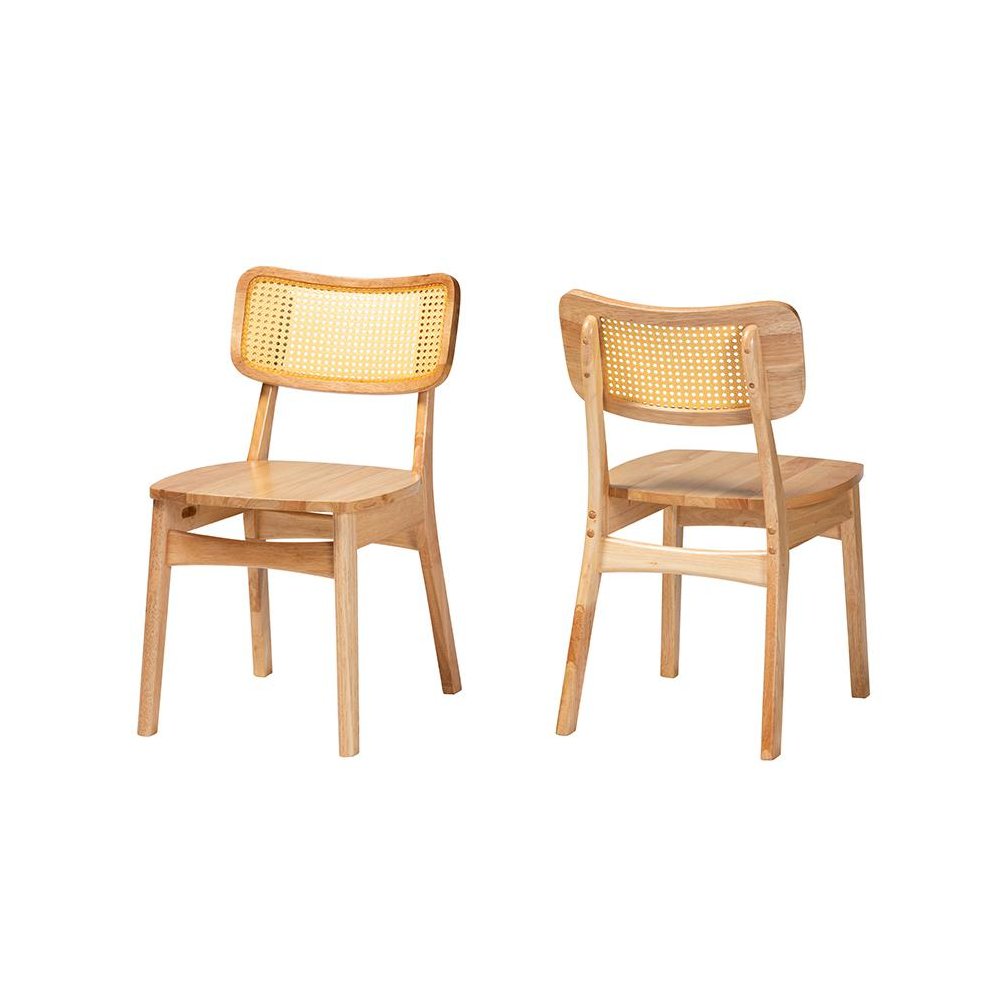 Oak Brown Finished Wood and Rattan 2-Piece Dining Chair Set